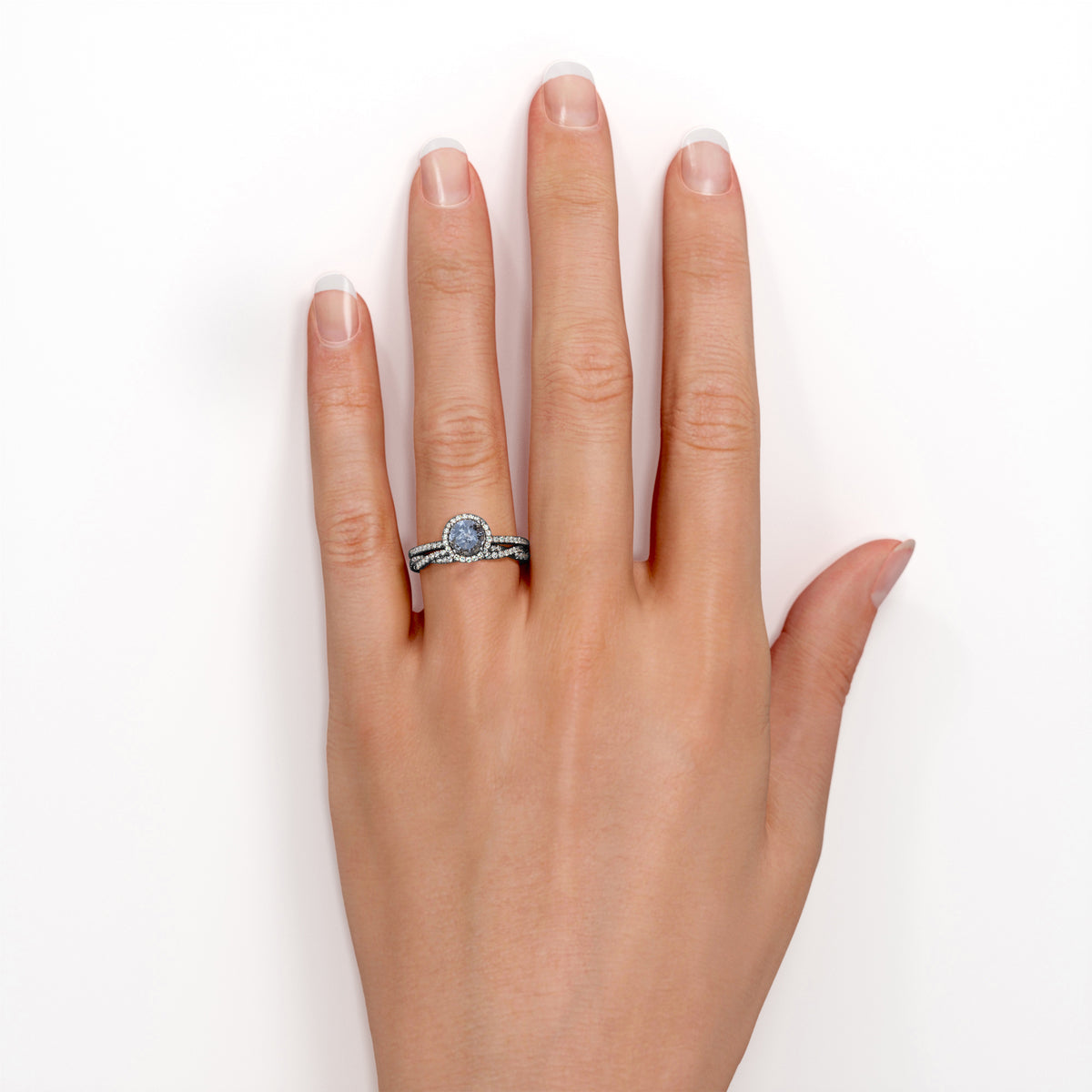 Four-Prong Halo Setting 1.5 Carat Round Brilliant Cut Gray Salt and Pepper Diamond Bridal Ring Set in 18K Black Gold Plating over Silver A417880