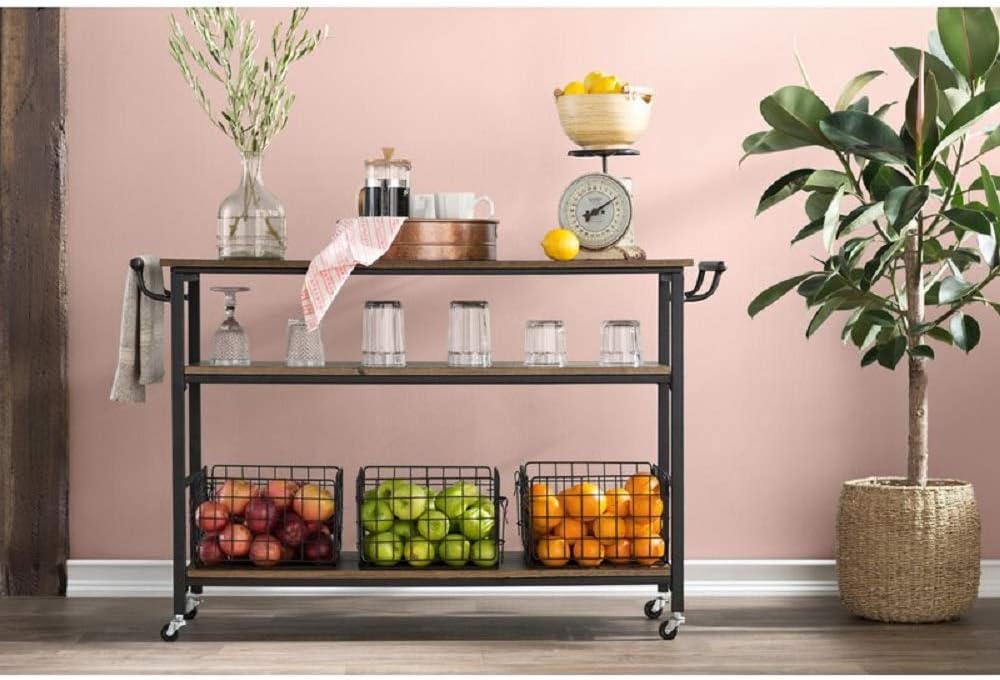 Industrial Kitchen Cart with Wheels and 3 Metal Storage Baskets G844