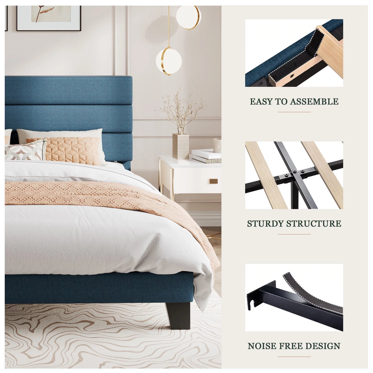 King Size Navy Blue Fabric Upholstered Platform Bed Frame with Headboard N34435