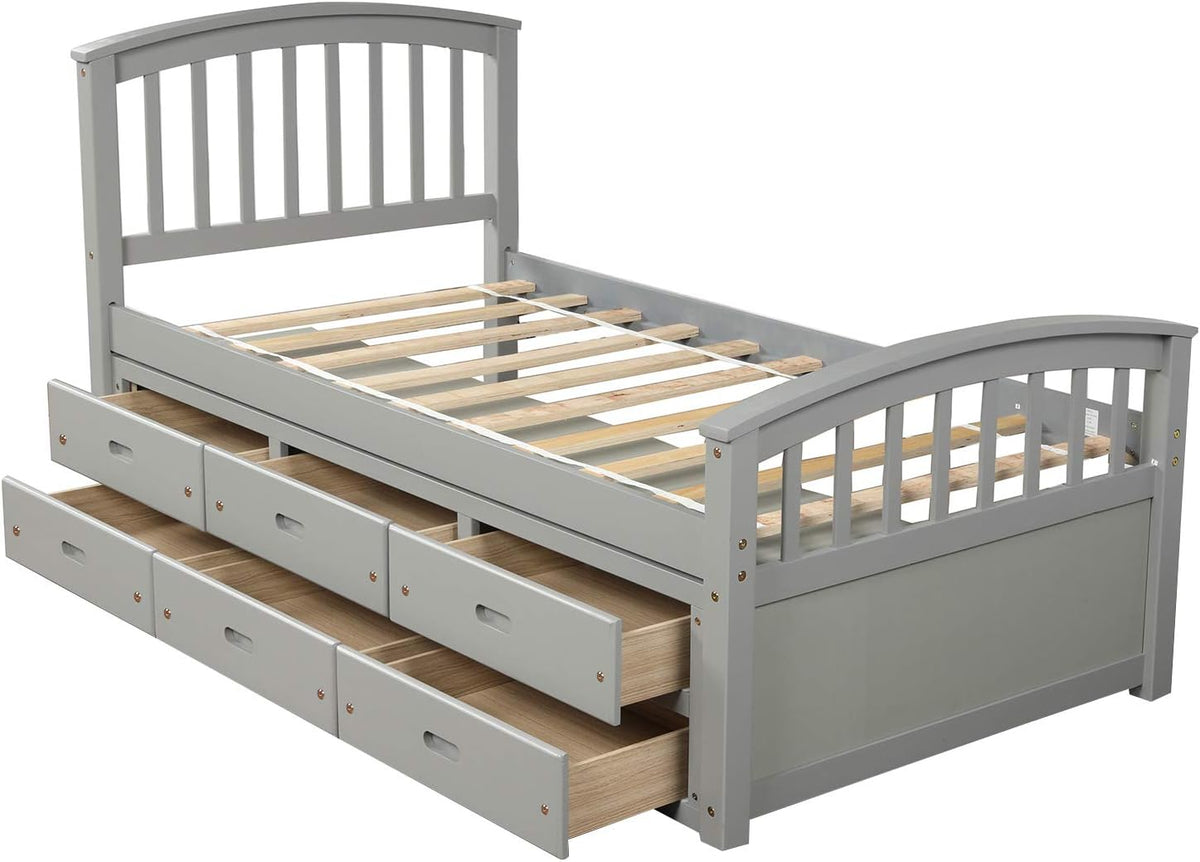 Gray Solid Wood Twin Size Platform Storage Bed with 6 Drawers G741
