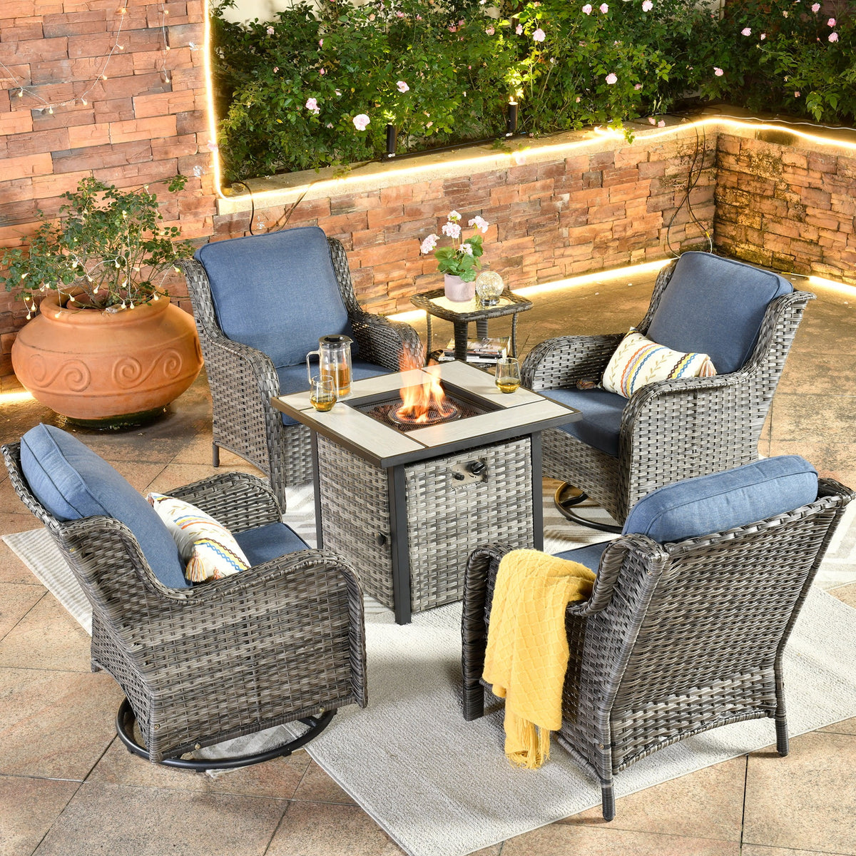 6 Pieces Outdoor Patio Furniture Set with 30" Gas Fire Pit Table Gray G696