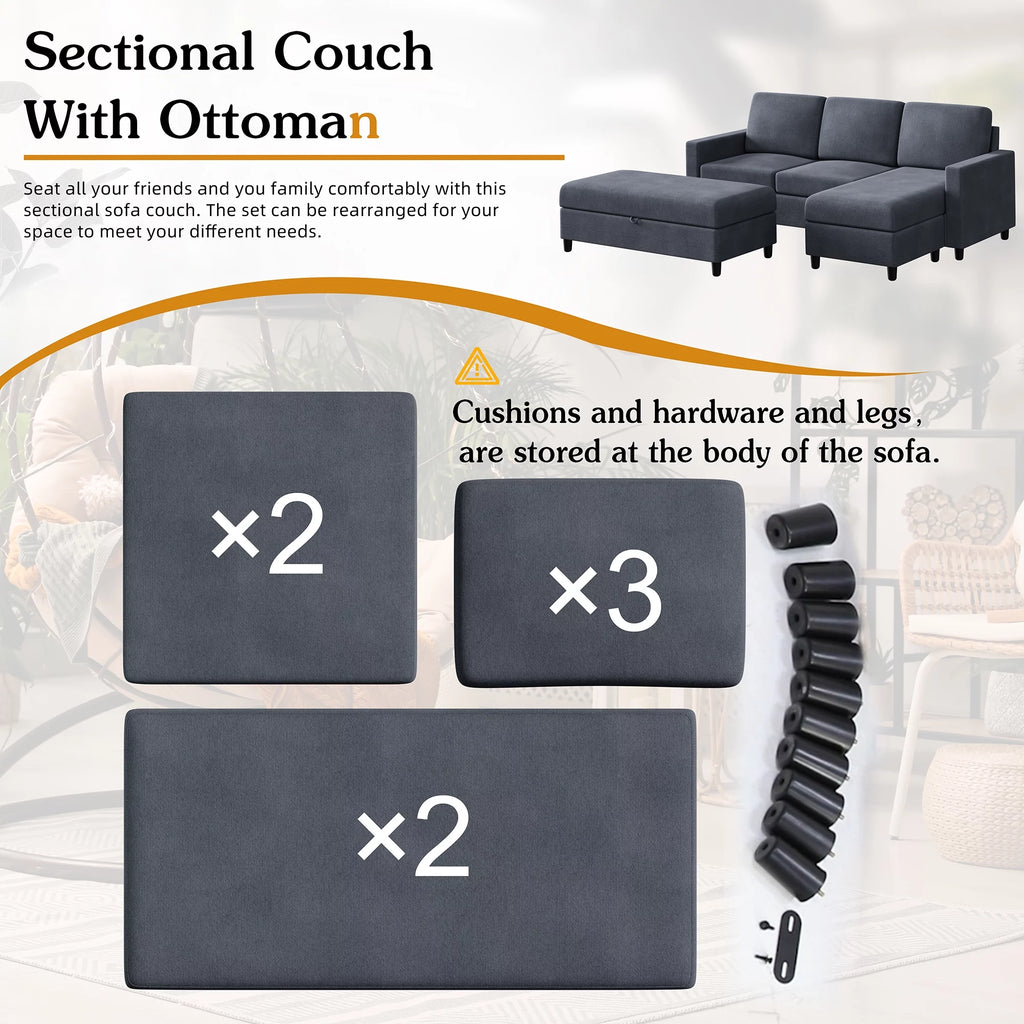 Dark Grey Convertible Sectional Sofa with Storage Ottoman V184