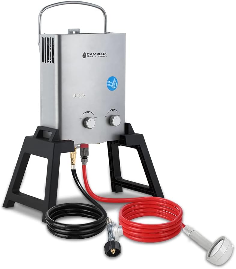 Gray Portable Tankless Propane Water Heater with Carry Bag E429
