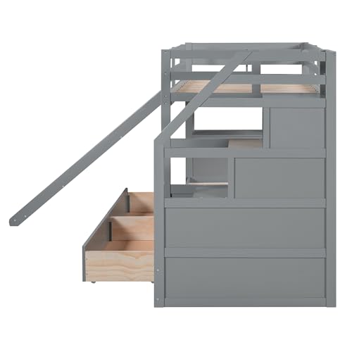 White Twin Over Full Solid Wood Bunk Bed with Stairs and Slide K84352