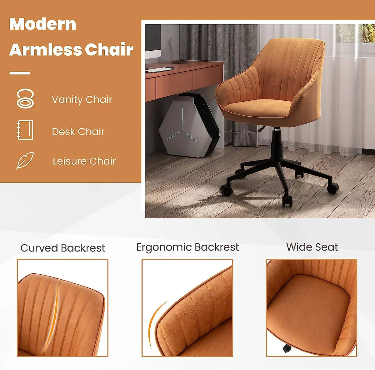 Brown Leather Office Chair with Wheels and Armrests T605