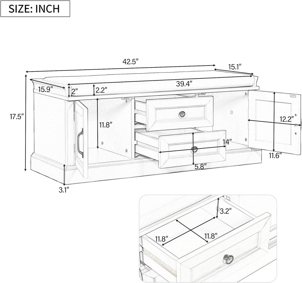 Black Storage Bench with 2 Drawers and 2 Cabinets with Removable Cushion R649295