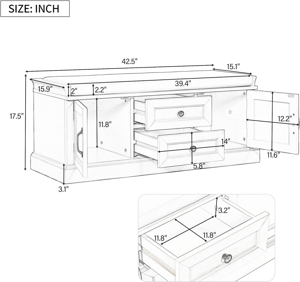 Black Storage Bench with 2 Drawers and 2 Cabinets with Removable Cushion R649295