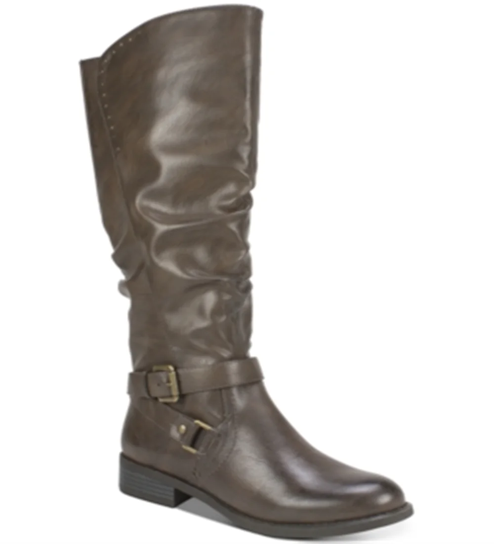 Brown Crisscross Straps Stretch Gore Cushioned Studded Buckle Accent Almond Toe Block Heel Zip-Up Riding Boot W421889