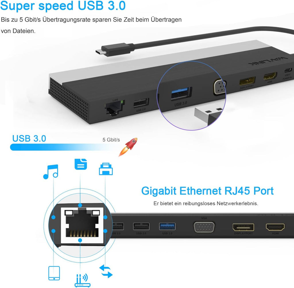 USB C Docking Station with DP HDMI VGA SD TF Card Reader Gigabit Ethernet 4 USB Ports C954