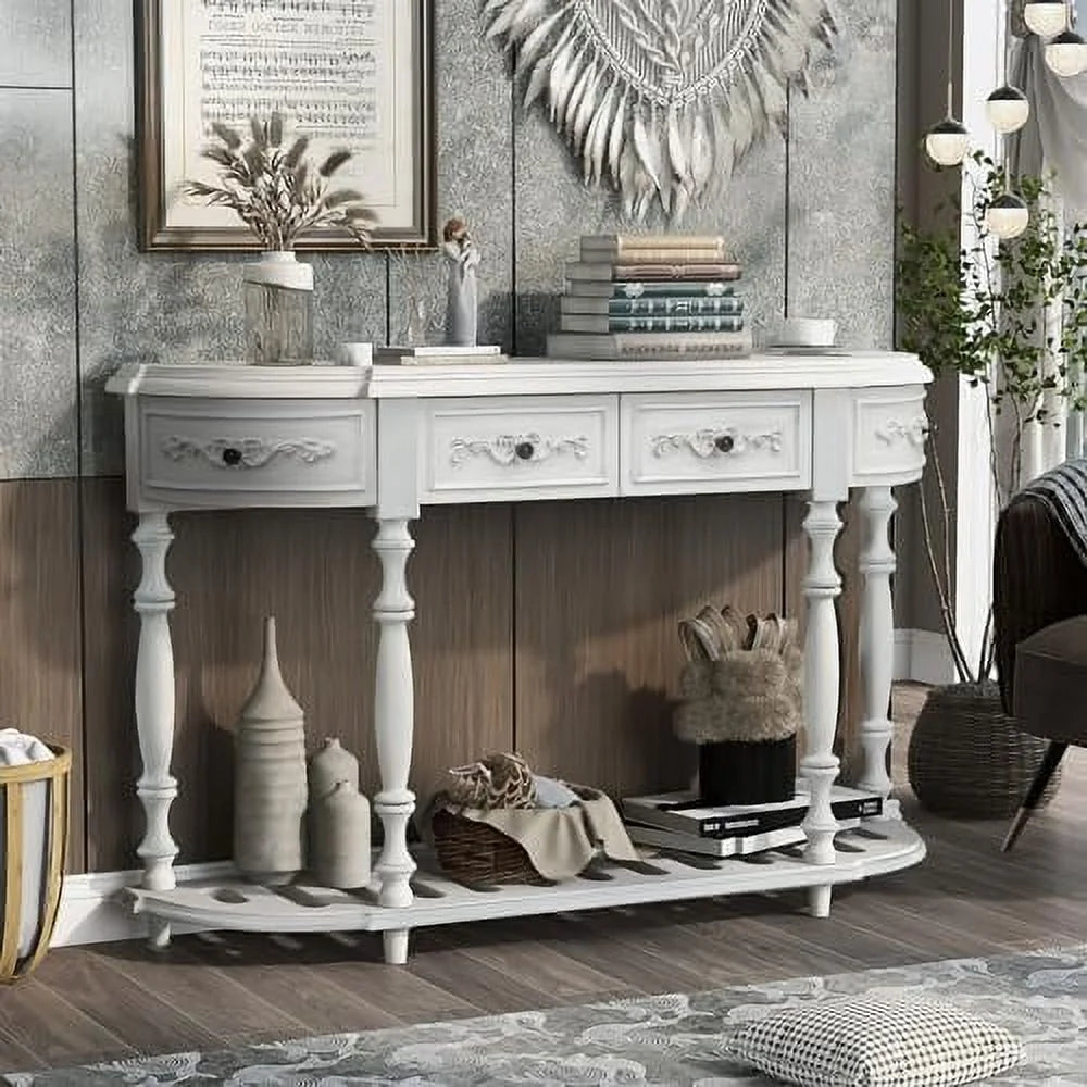 Espresso Solid Wood Half-Moon Console Table with 3 Drawers and Shelf E994