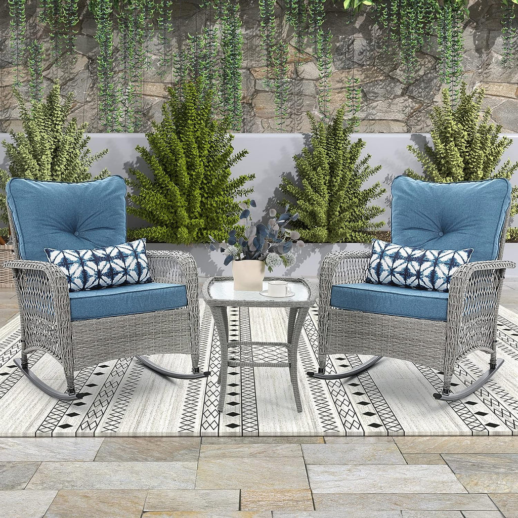 3 Piece Rattan Outdoor Rocking Bistro Set with Cushions S23685