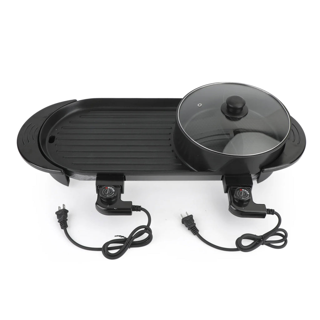 2 in 1 Electric Hot Pot Grill Non-Stick Smokeless Barbecue Pan 1100W P600