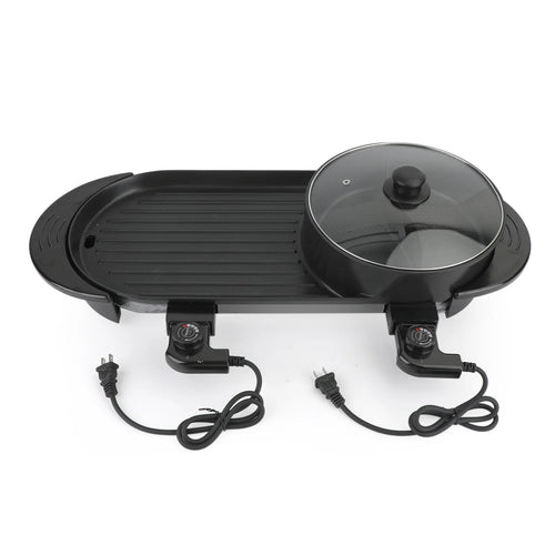 2 in 1 Electric Hot Pot Grill Non-Stick Smokeless Barbecue Pan 1100W P600