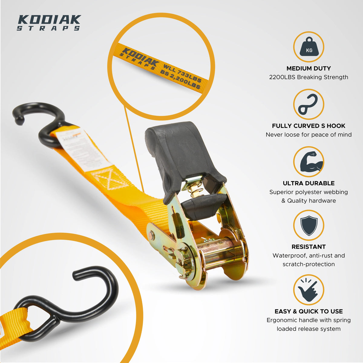 Ratchet Straps Heavy Duty Tie Down Strap Set 2200 Break Strength 1" x 17' 4pk with Soft Loops Coated Deep S-Hook & Carry Bag R9044