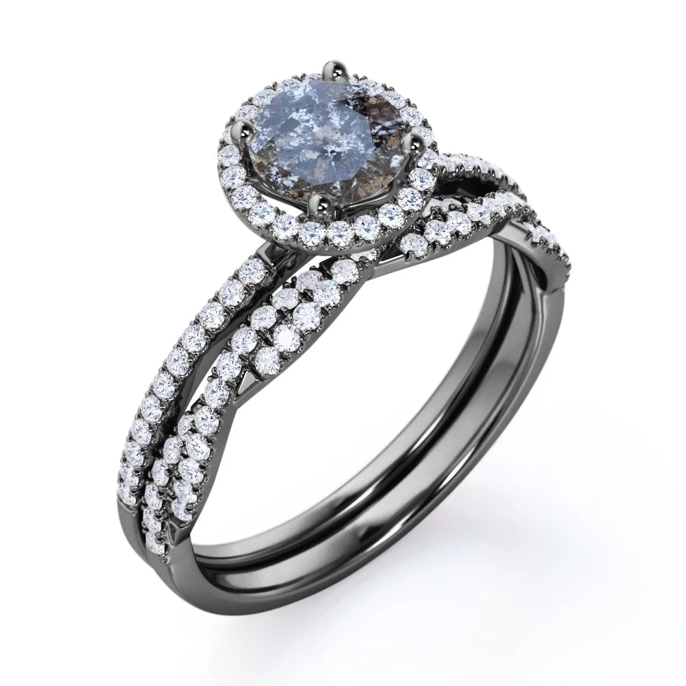 Four-Prong Halo Setting 1.5 Carat Round Brilliant Cut Gray Salt and Pepper Diamond Bridal Ring Set in 18K Black Gold Plating over Silver A417880