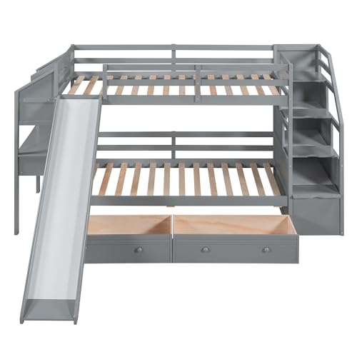 White Twin Over Full Solid Wood Bunk Bed with Stairs and Slide K84352