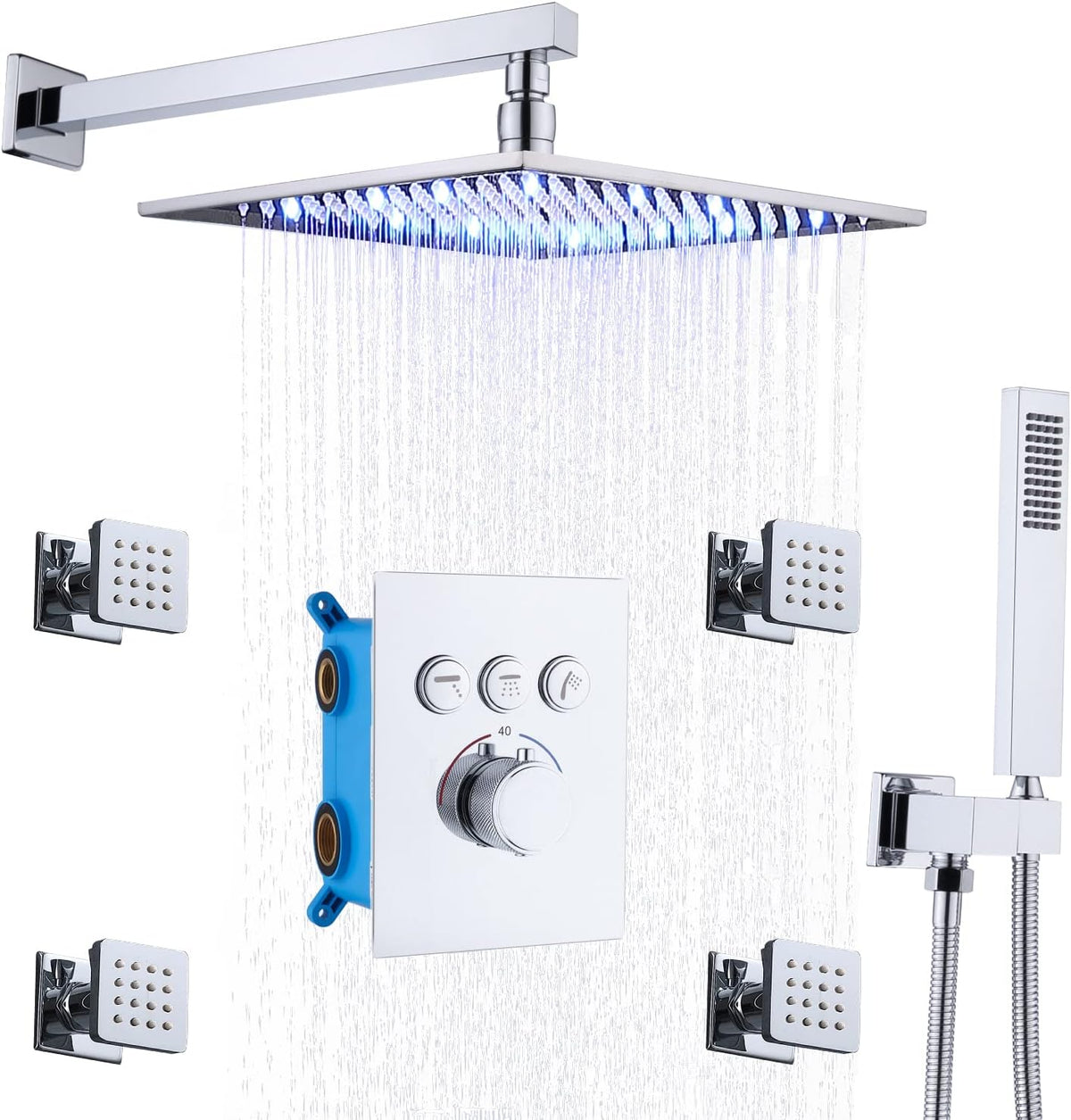 12 Inch Ceiling Rain Shower Head Combo System with 4 pcs Body Jets and Handheld Shower Faucet Fixture Set (Matte Black) R5827