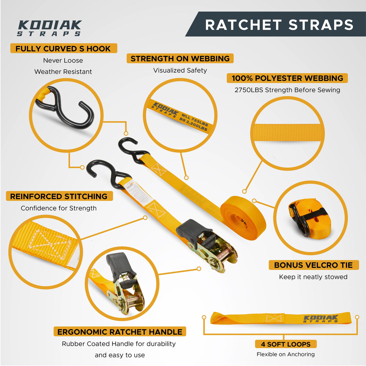 Ratchet Straps Heavy Duty Tie Down Strap Set 2200 Break Strength 1" x 17' 4pk with Soft Loops Coated Deep S-Hook & Carry Bag R9044