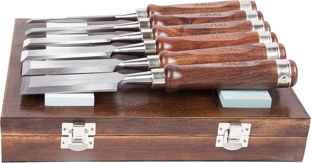 8 Pcs Wood Chisel Set with Walnut Handle and Vanadium Steel Blade, Wood Box H26225