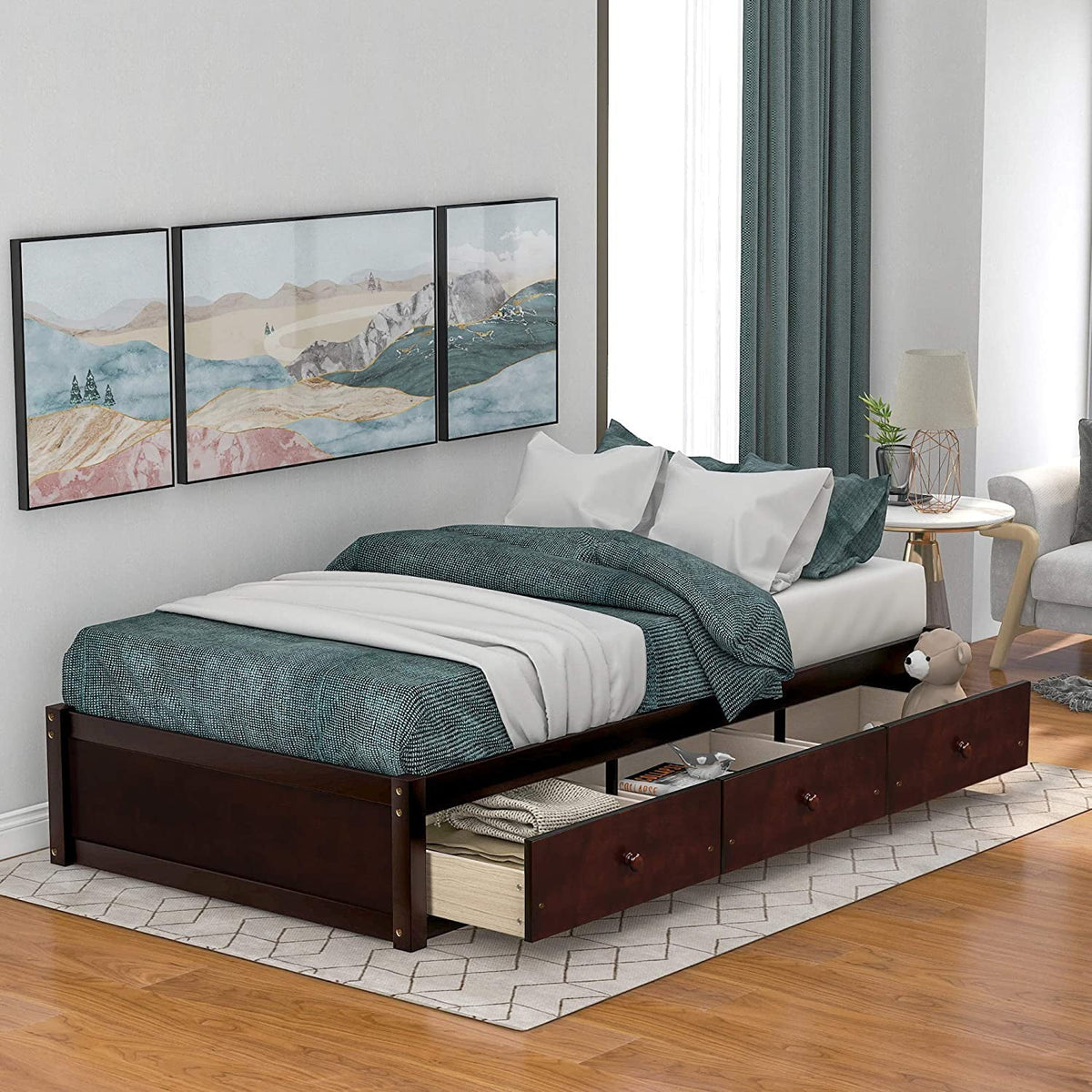 Cherry Wood Storage Bed with 3 Drawers V7362