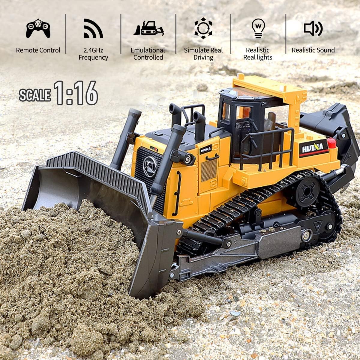 1/16 Scale 9 Channel RC Bulldozer Construction Toy Vehicle with Light and Sound E426451