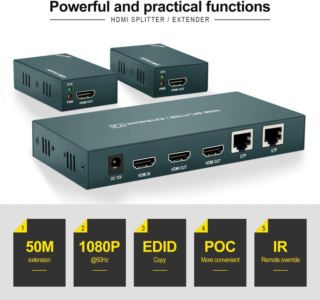 HDMI Extender Splitter 1x2 with IR, 1080P@60Hz, 165ft (50m) over CAT5e/CAT6/CAT7, 2 HDMI Loop Out F61531