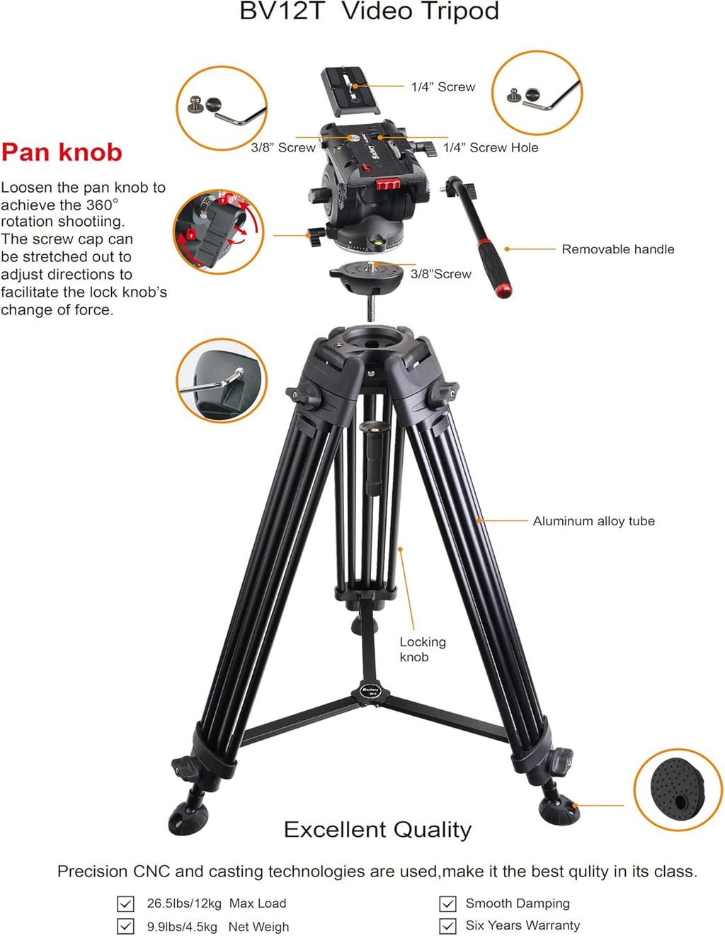 72 inch Aluminum Video Tripod with Fluid Head A49955
