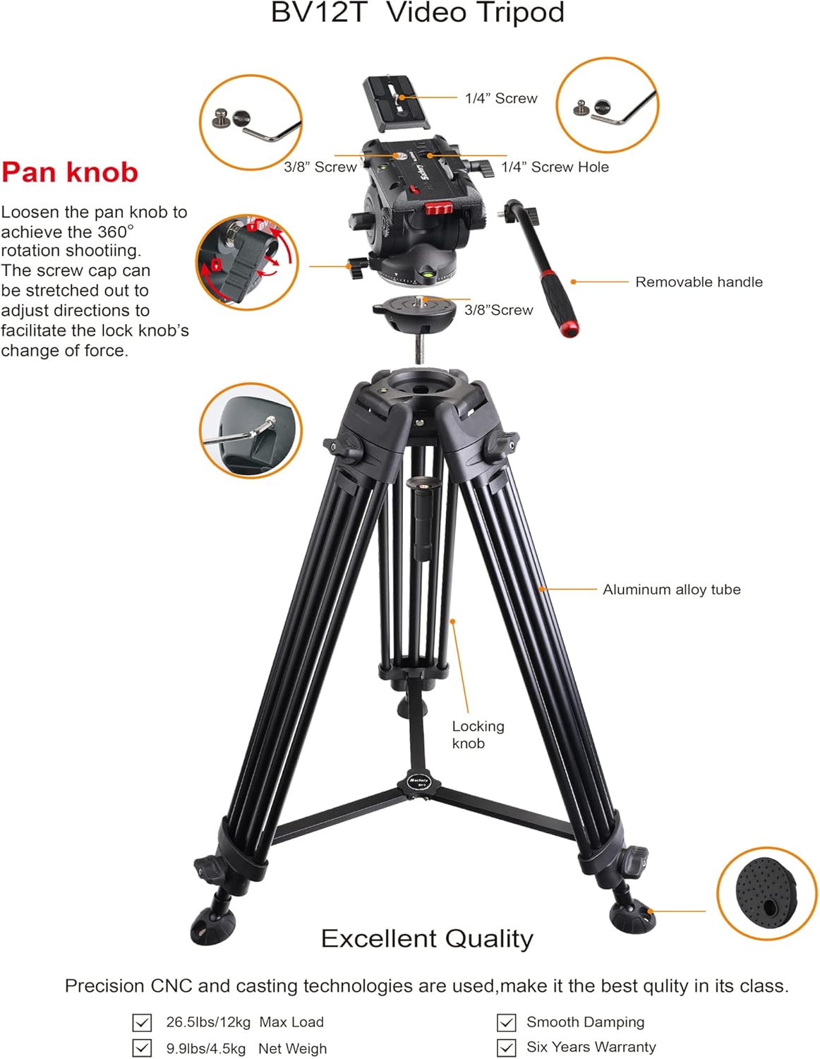 72 inch Aluminum Video Tripod with Fluid Head A49955