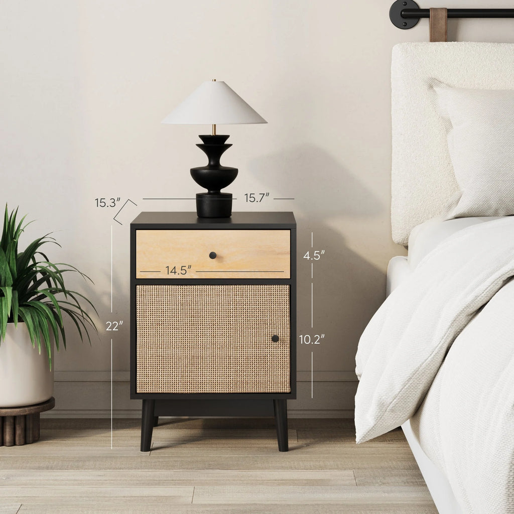 Bedside Table with Mango Wood Drawer and Rattan Cane Cabinet Door Y537345