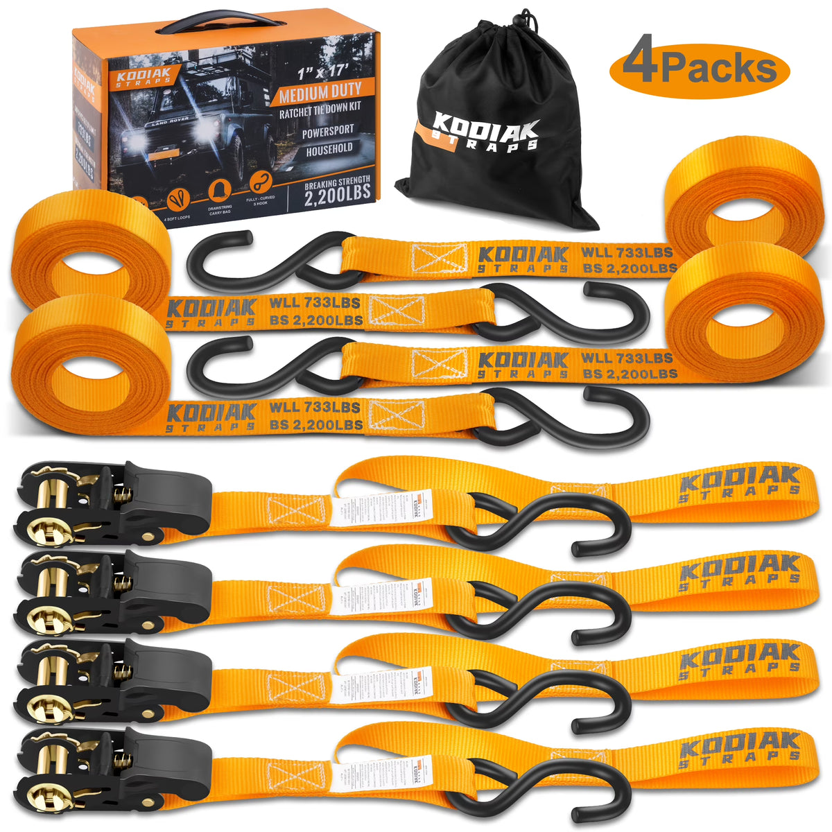 Ratchet Straps Heavy Duty Tie Down Strap Set 2200 Break Strength 1" x 17' 4pk with Soft Loops Coated Deep S-Hook & Carry Bag R9044
