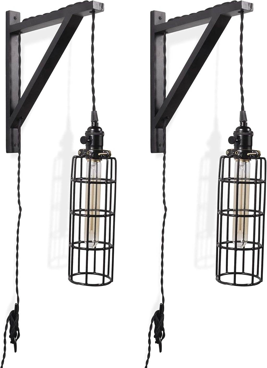 2 Vintage Farmhouse Design Wall Lamp Sconce Set with Wood Wall Bracket H502