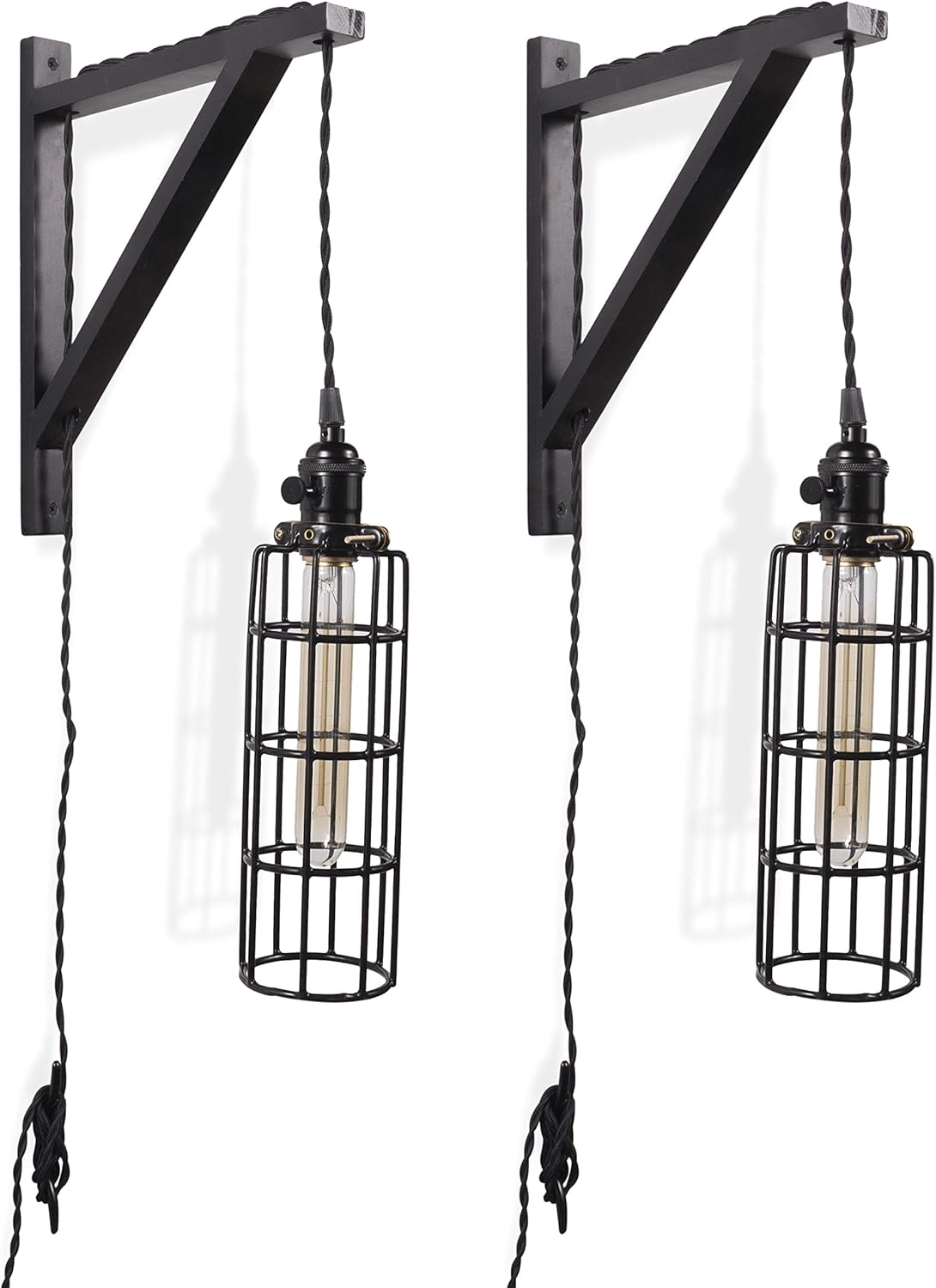 2 Vintage Farmhouse Design Wall Lamp Sconce Set with Wood Wall Bracket H502