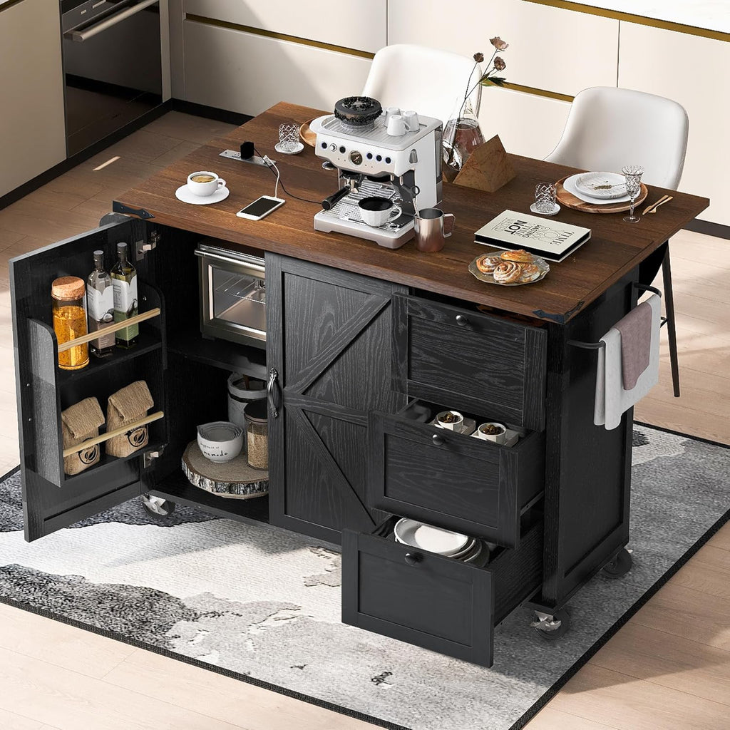 Black Kitchen Island with Power Outlet and Drop Leaf K101