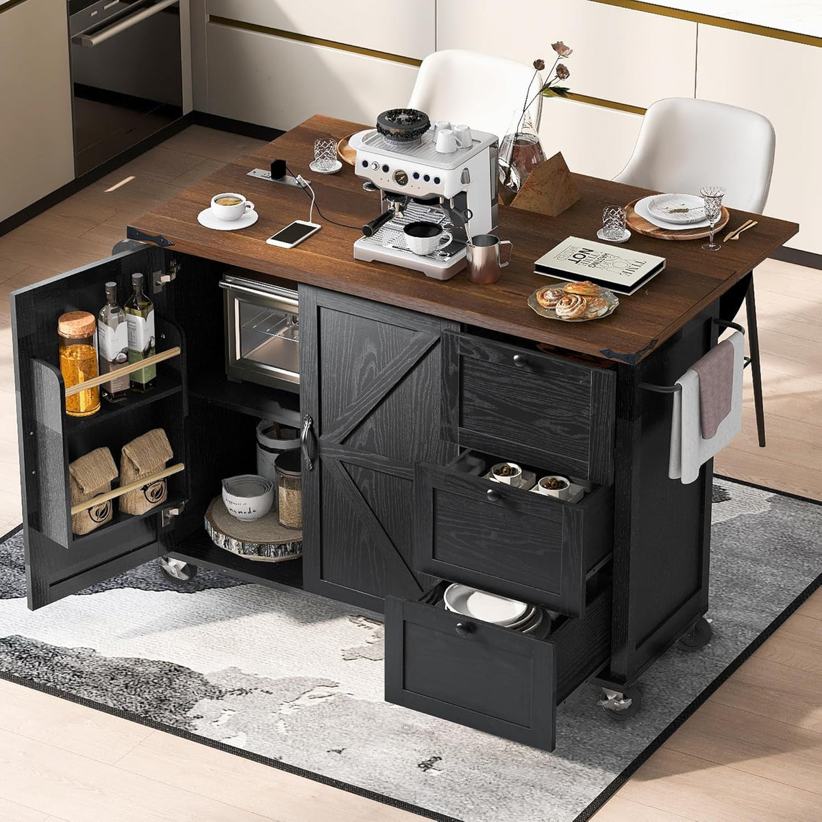 Black Kitchen Island with Power Outlet and Drop Leaf K101