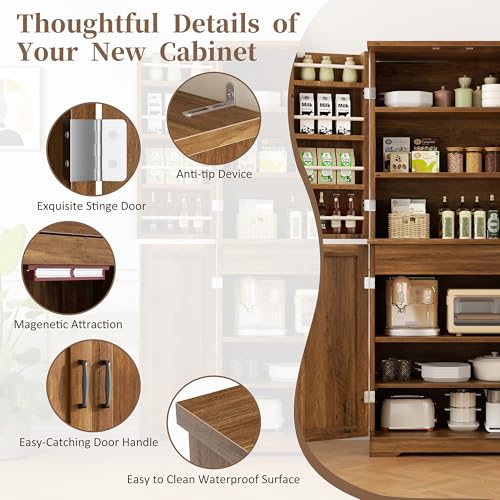 White Freestanding Kitchen Pantry Cabinet with 8 Door Shelves, 2 Cabinets and 1 Drawer Q5154