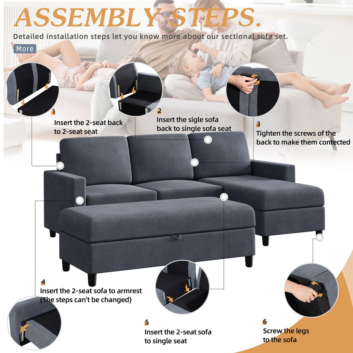 Dark Grey Convertible Sectional Sofa with Storage Ottoman V184