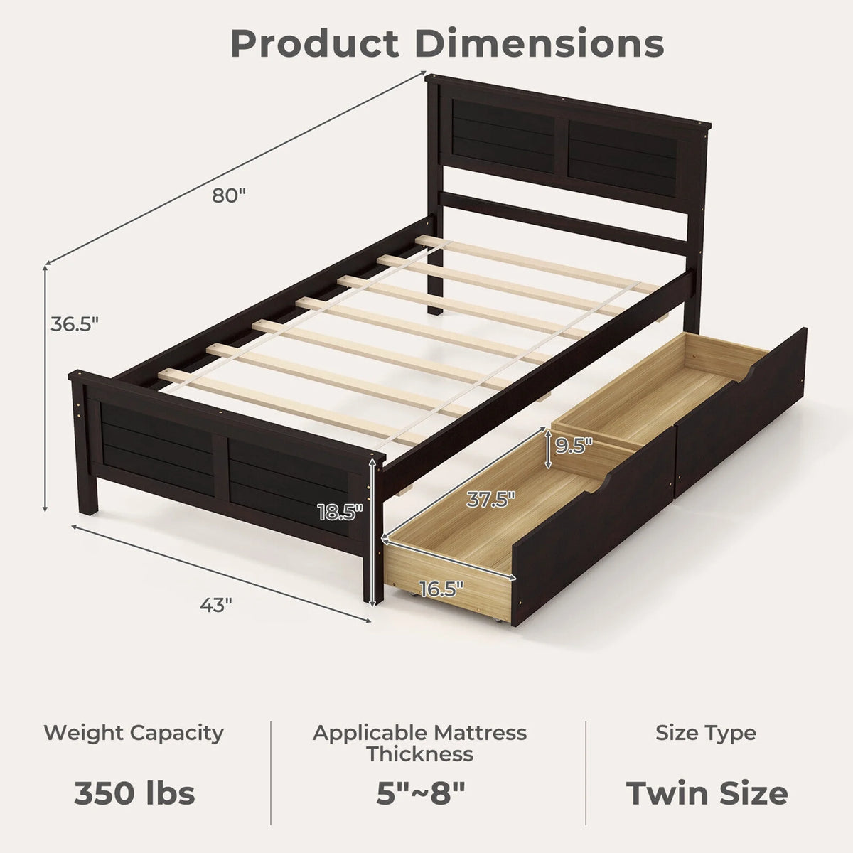 Twin Size Wooden Bed Frame with 2 Storage Drawers P4045