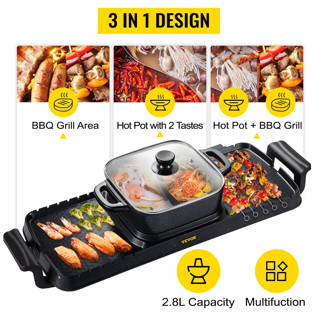 2in1 Electric BBQ Grill Hot Pot 2400W Nonstick Detachable L2944