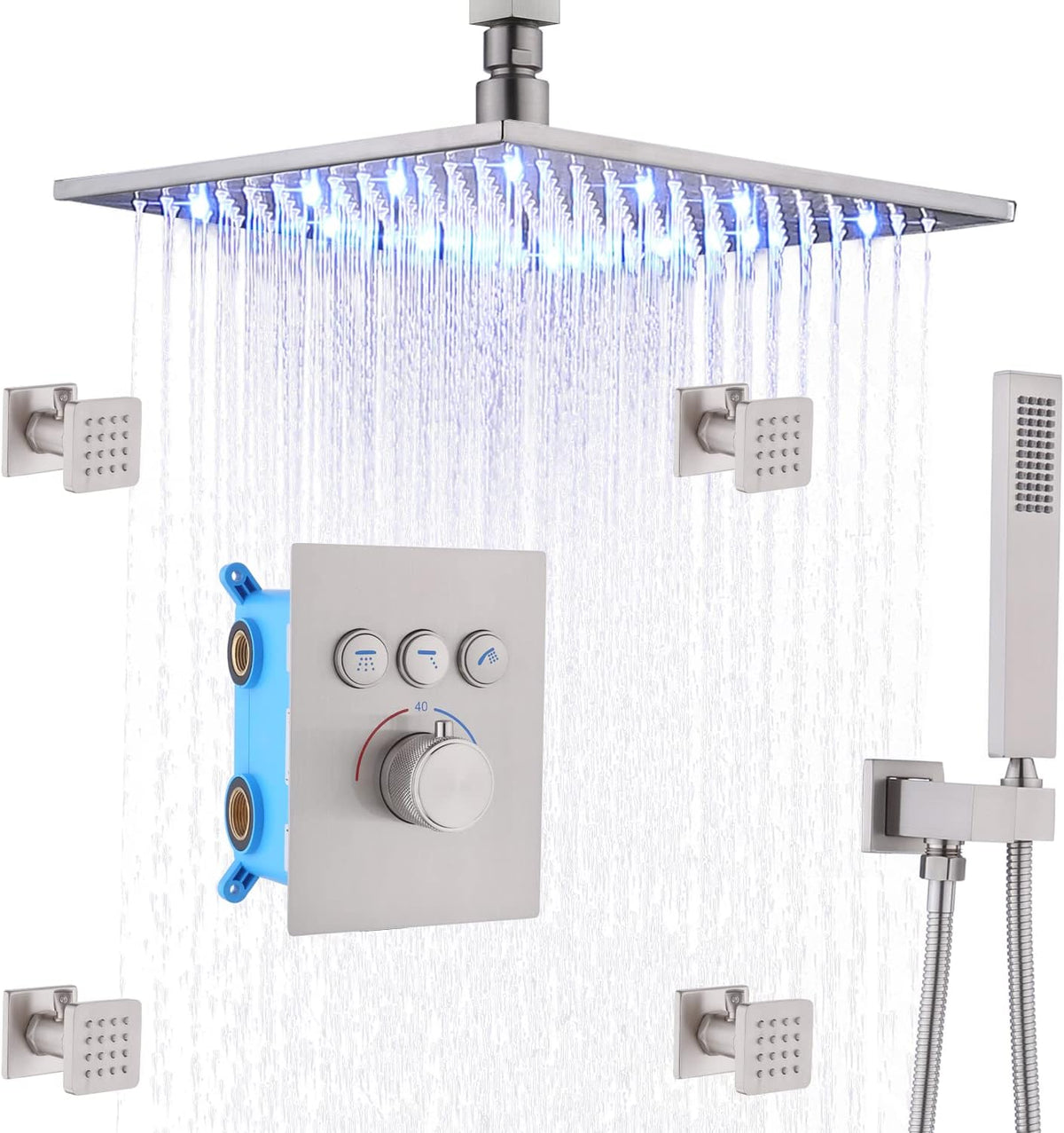 12 Inch Ceiling Rain Shower Head Combo System with 4 pcs Body Jets and Handheld Shower Faucet Fixture Set (Matte Black) R5827