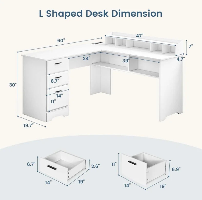 White L-Shaped Desk with File Cabinet G77419