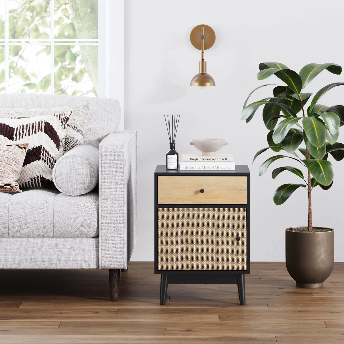 Bedside Table with Mango Wood Drawer and Rattan Cane Cabinet Door Y537345