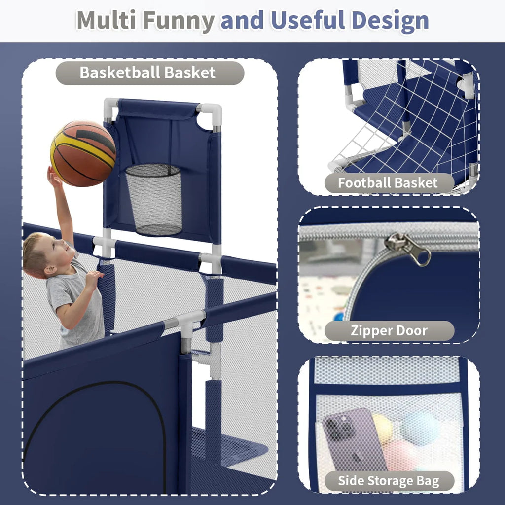 71 Inch Blue Baby Playpen with Basketball Hoop and Mesh R126
