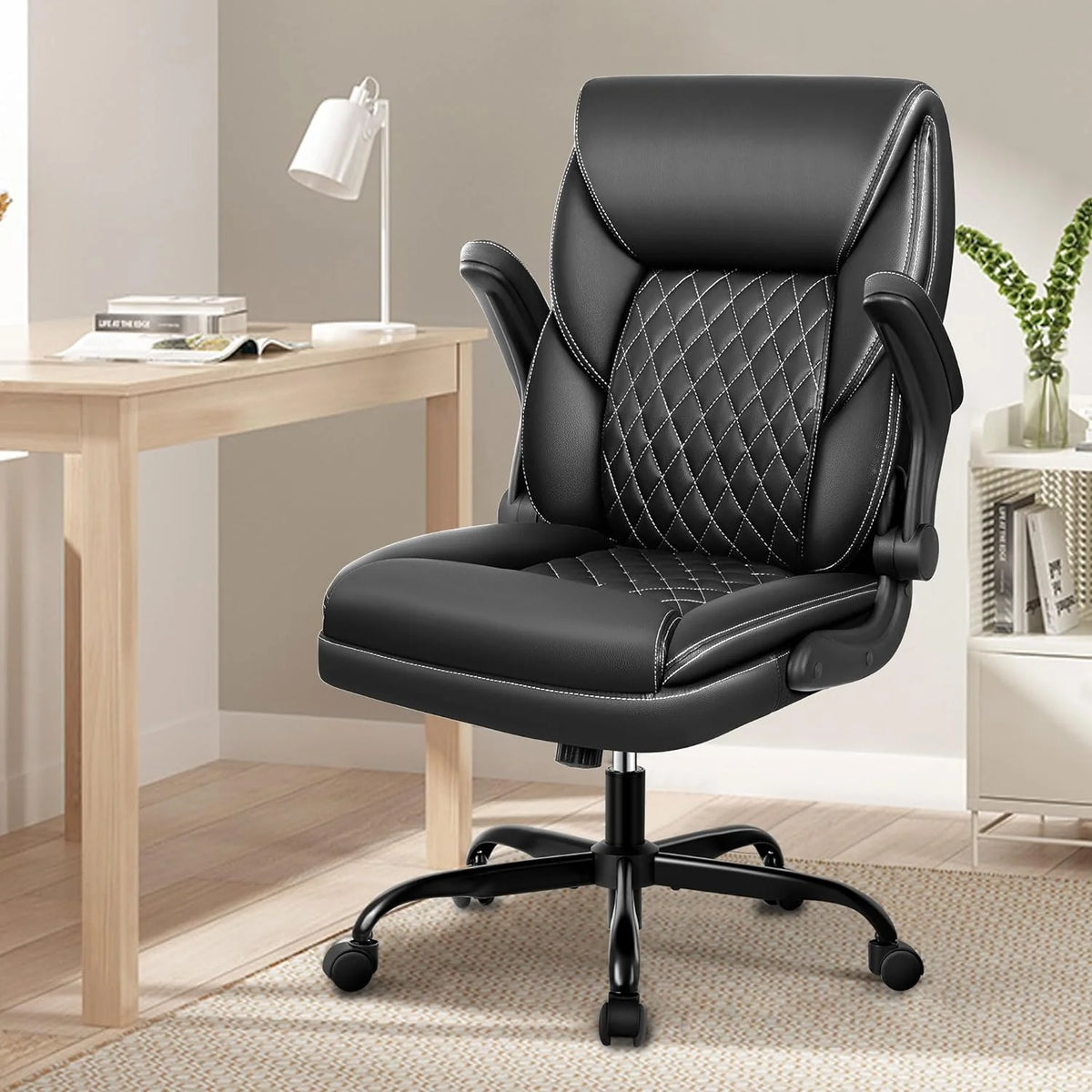 Black Ergonomic Leather Office Chair with Padded Armrests Z58888