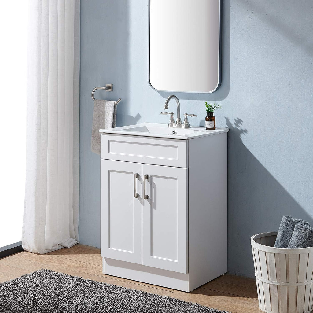 Matte White Bathroom Vanity Cabinet with White Ceramic Vessel Sink and Two Doors V63593
