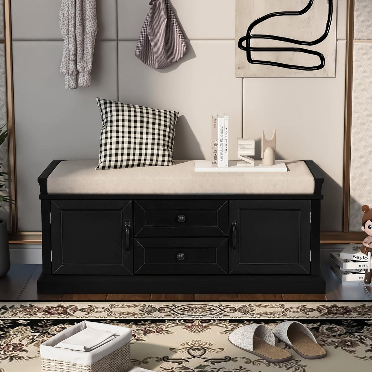 Black Storage Bench with 2 Drawers and 2 Cabinets with Removable Cushion R649295