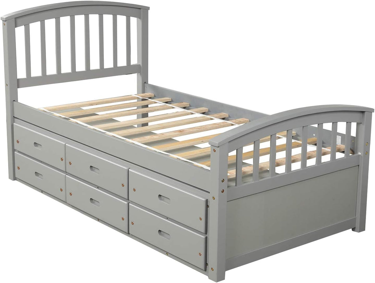 Gray Solid Wood Twin Size Platform Storage Bed with 6 Drawers G741