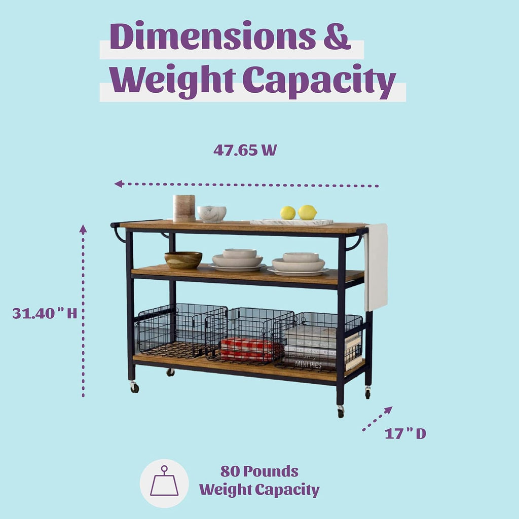 Industrial Kitchen Cart with Wheels and 3 Metal Storage Baskets G844