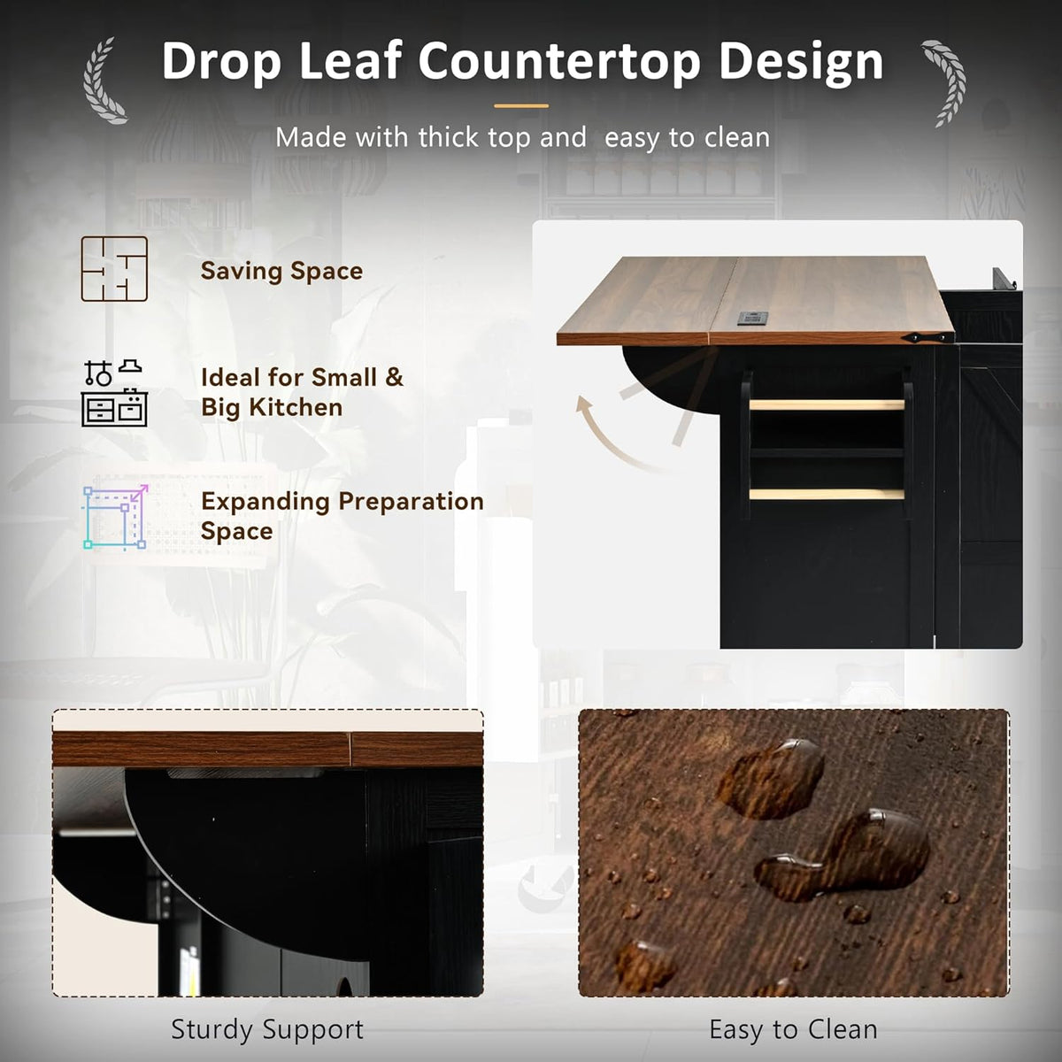 Black Kitchen Island with Power Outlet and Drop Leaf K101