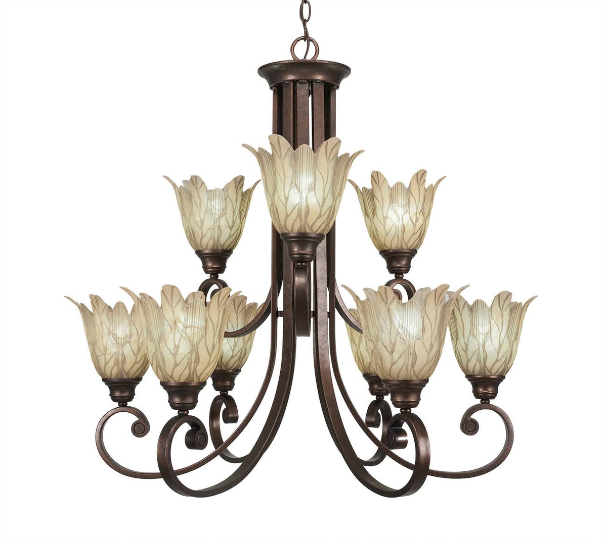 Nine Light 2-Tier Chandelier Bronze Finish with Vanilla Leaf Glass V386616