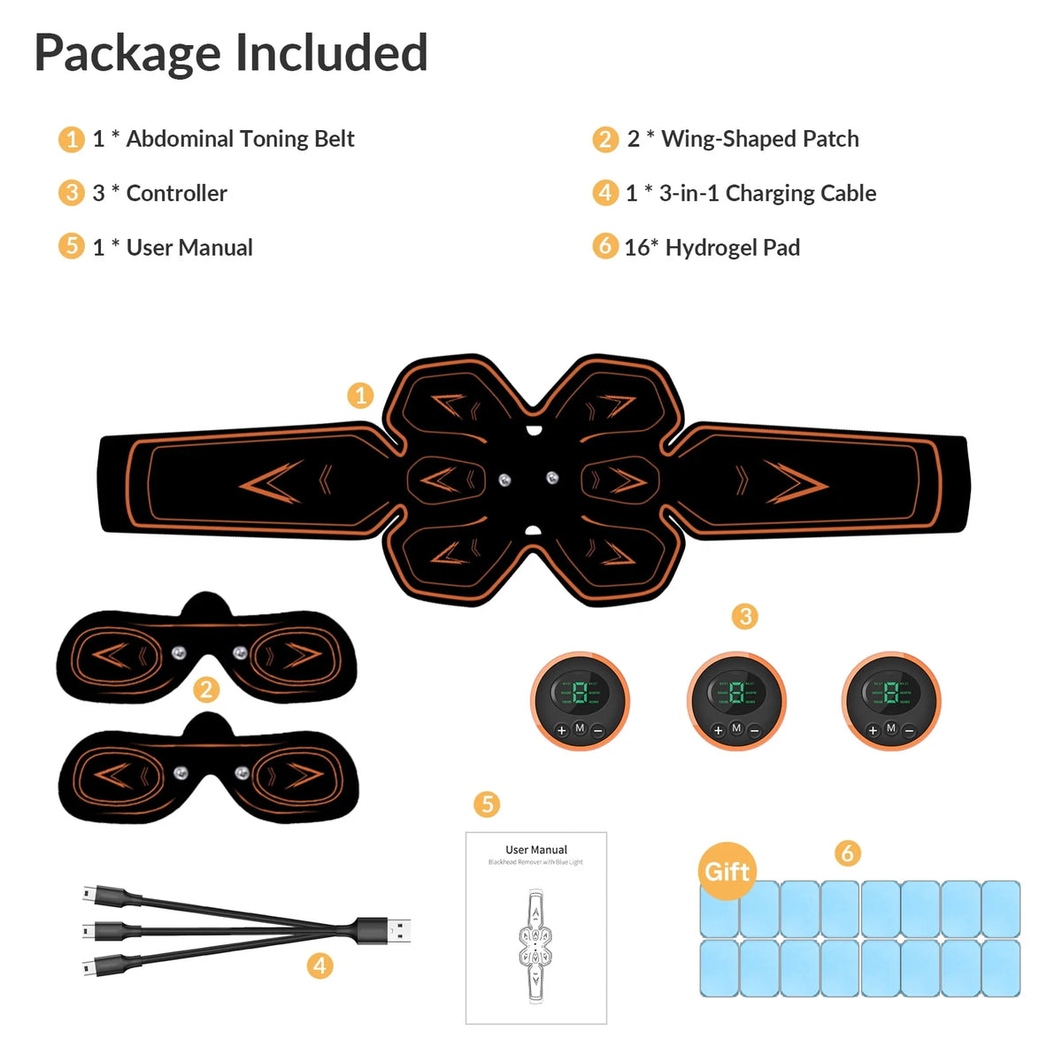 Rechargeable EMS Muscle Stimulator with 16 Gel Pads J55082